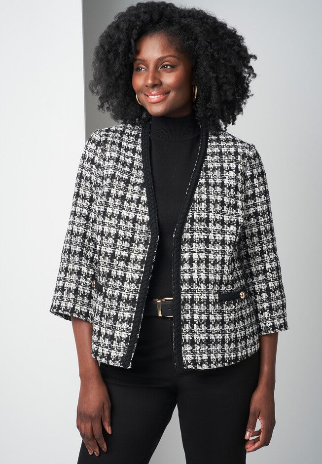 Tweed V-Neck Jacket, BLACK WHITE TWEED, hi-res image number null