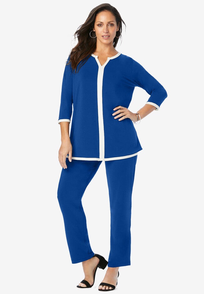 2-Piece Stretch Knit Notch Neck Pant Set, DARK SAPPHIRE WHITE COMBO, hi-res image number null