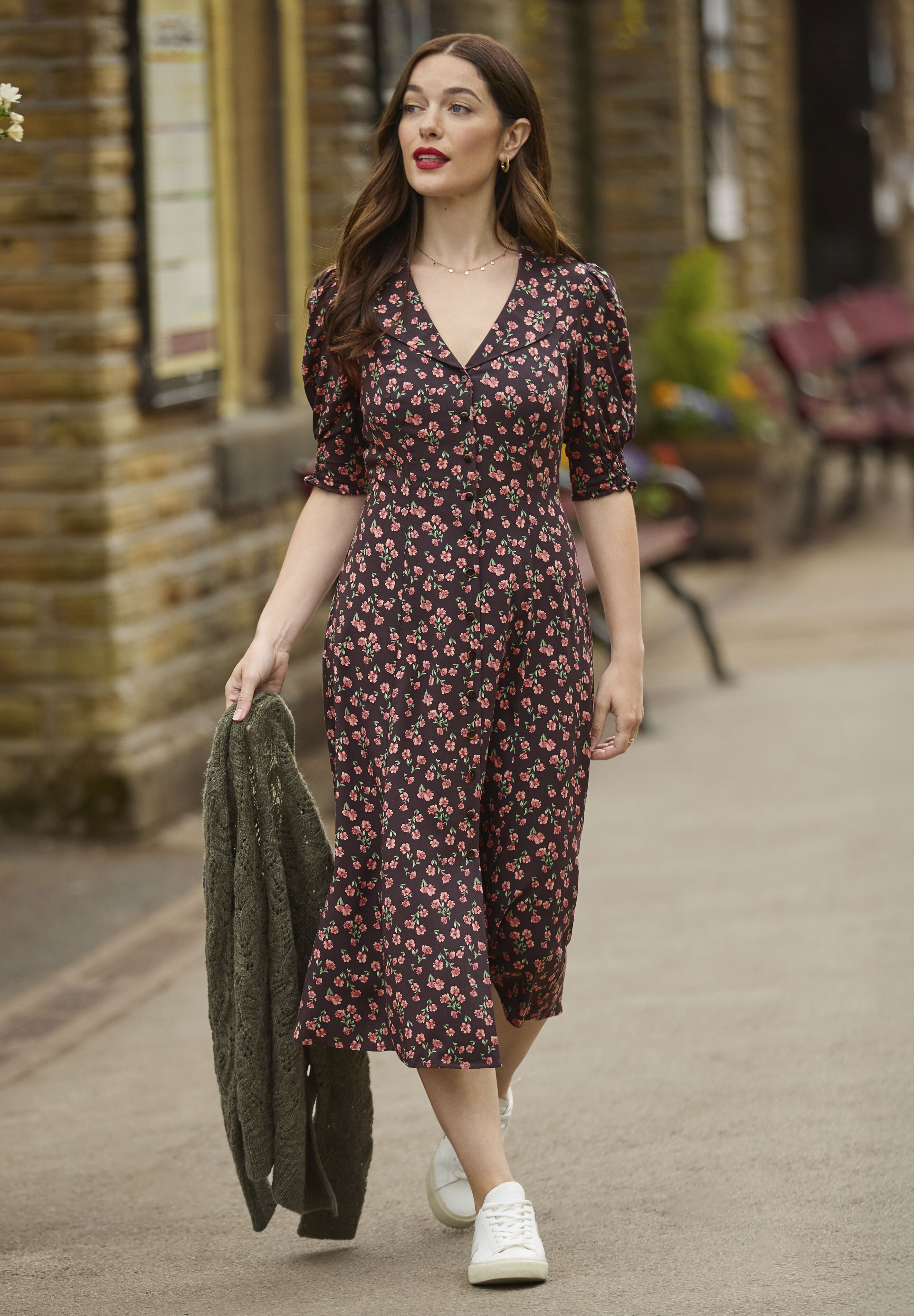 Puff Sleeve Midi Dress, ESPRESSO DITSY FLORAL, hi-res image number 0