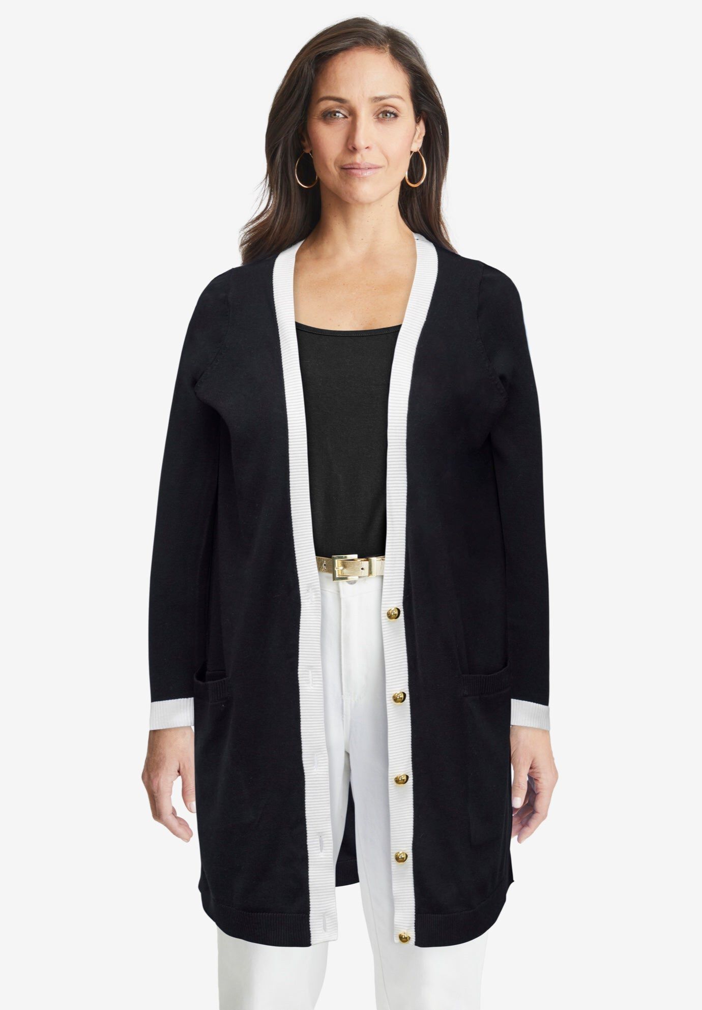 Tipped Button Front Cardigan, BLACK WHITE, hi-res image number 0