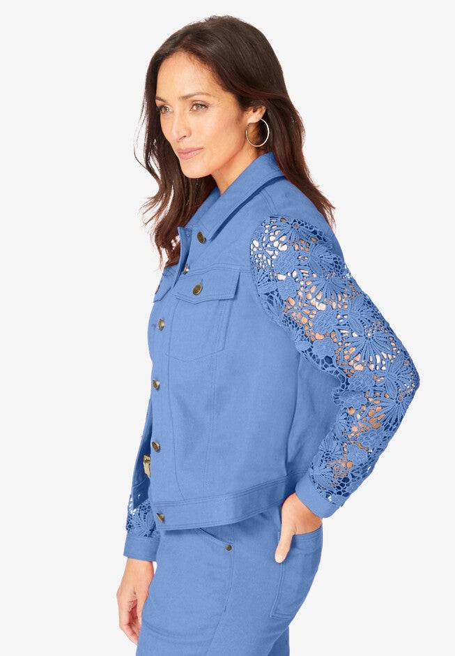 Lace Sleeve Denim Jacket, FRENCH BLUE, alternate image number 2