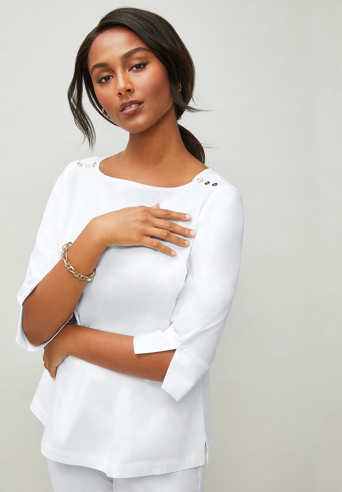 Stretch Poplin Button Boatneck Tunic, , alternate image number 4