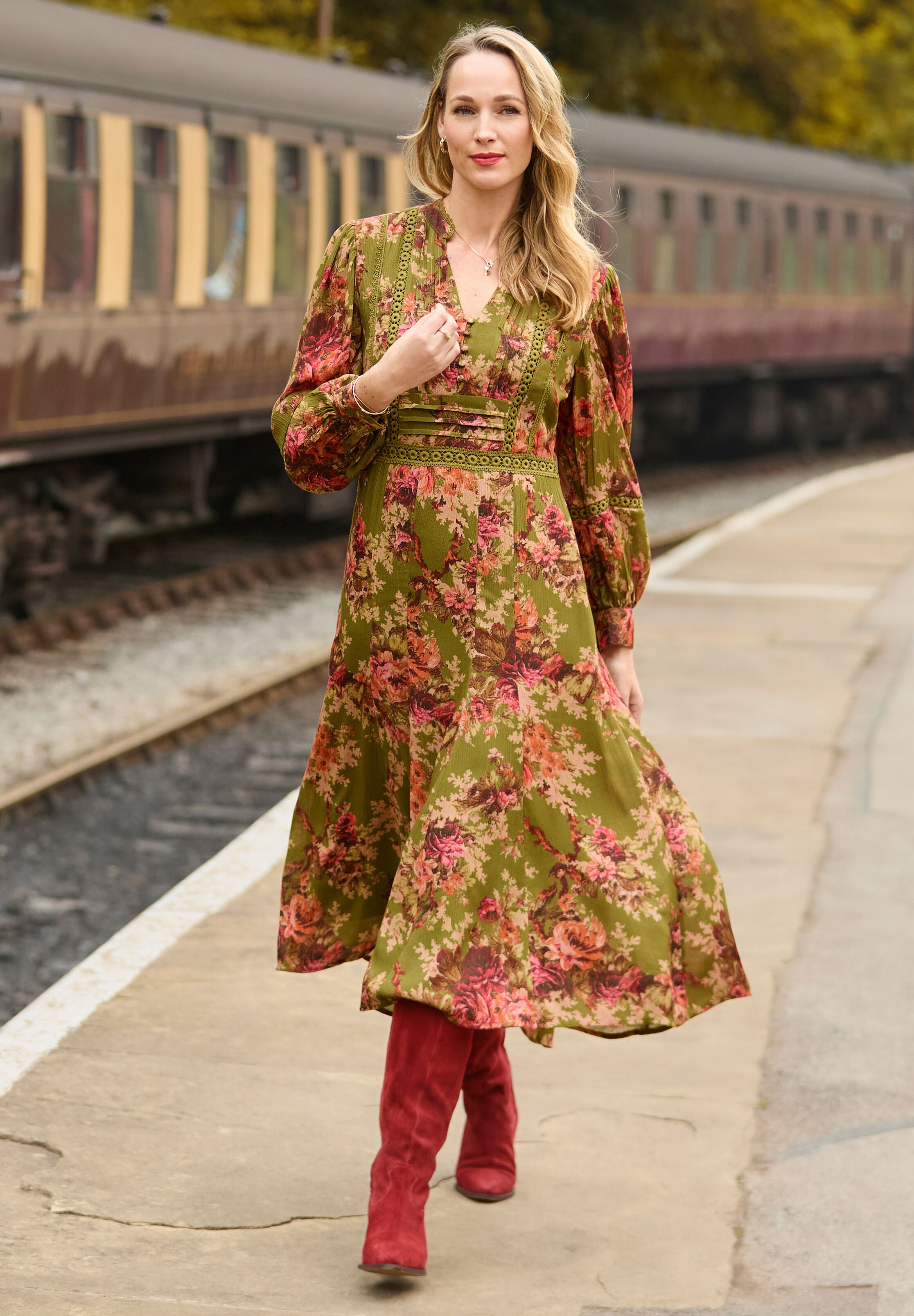Autumn Peasant Maxi Dress, OLIVE BATIK BLOOM, alternate image number 5