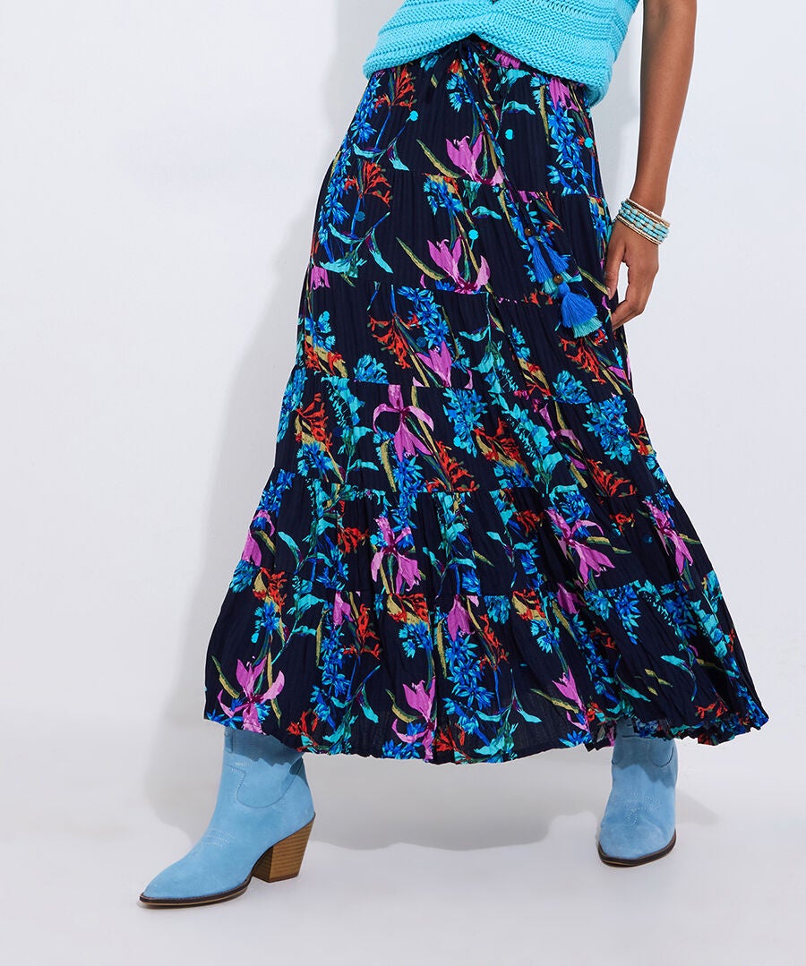 Boho Tiered Maxi Skirt, FLORAL TROPICAL, alternate image number 2
