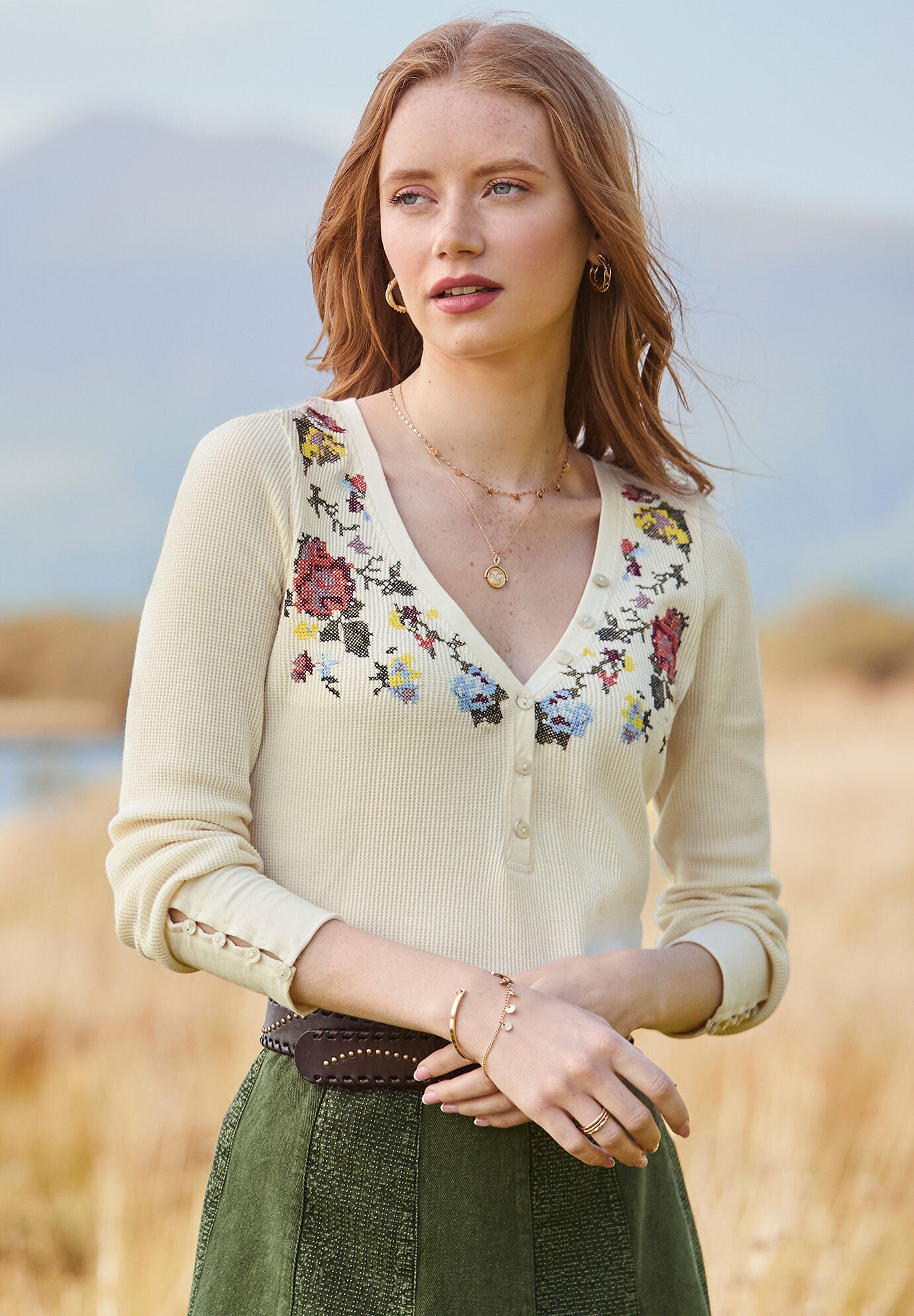 Stretch Cotton Henley Tee, CREAM FLORAL EMBROIDERY, hi-res image number 0