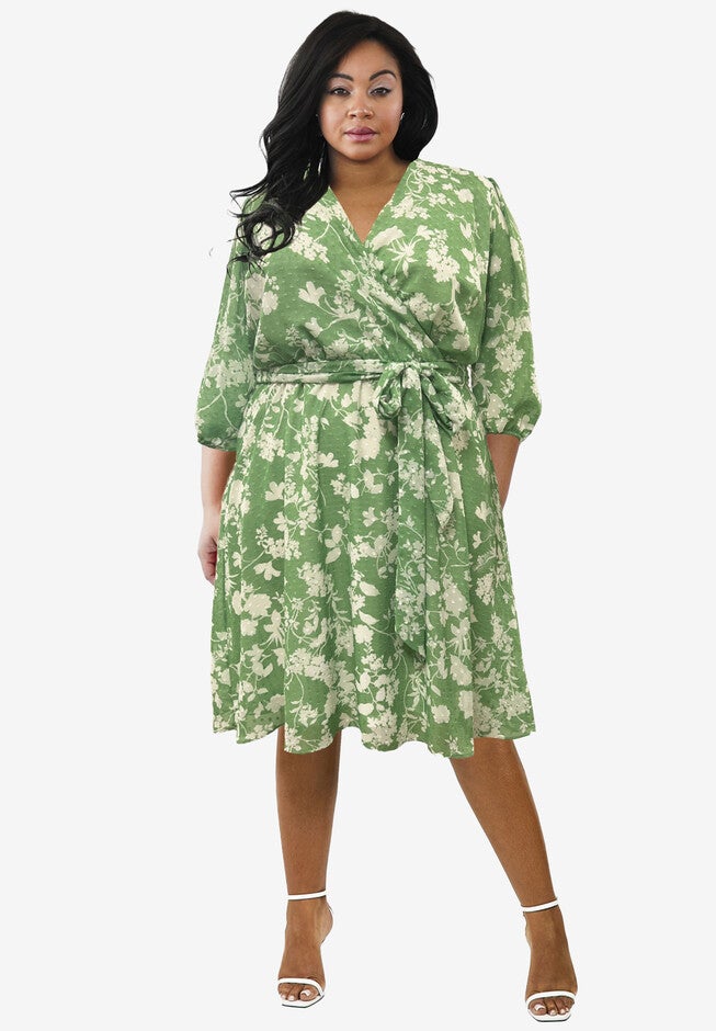 V-Neck Wrap Dress, GREEN, hi-res image number 0