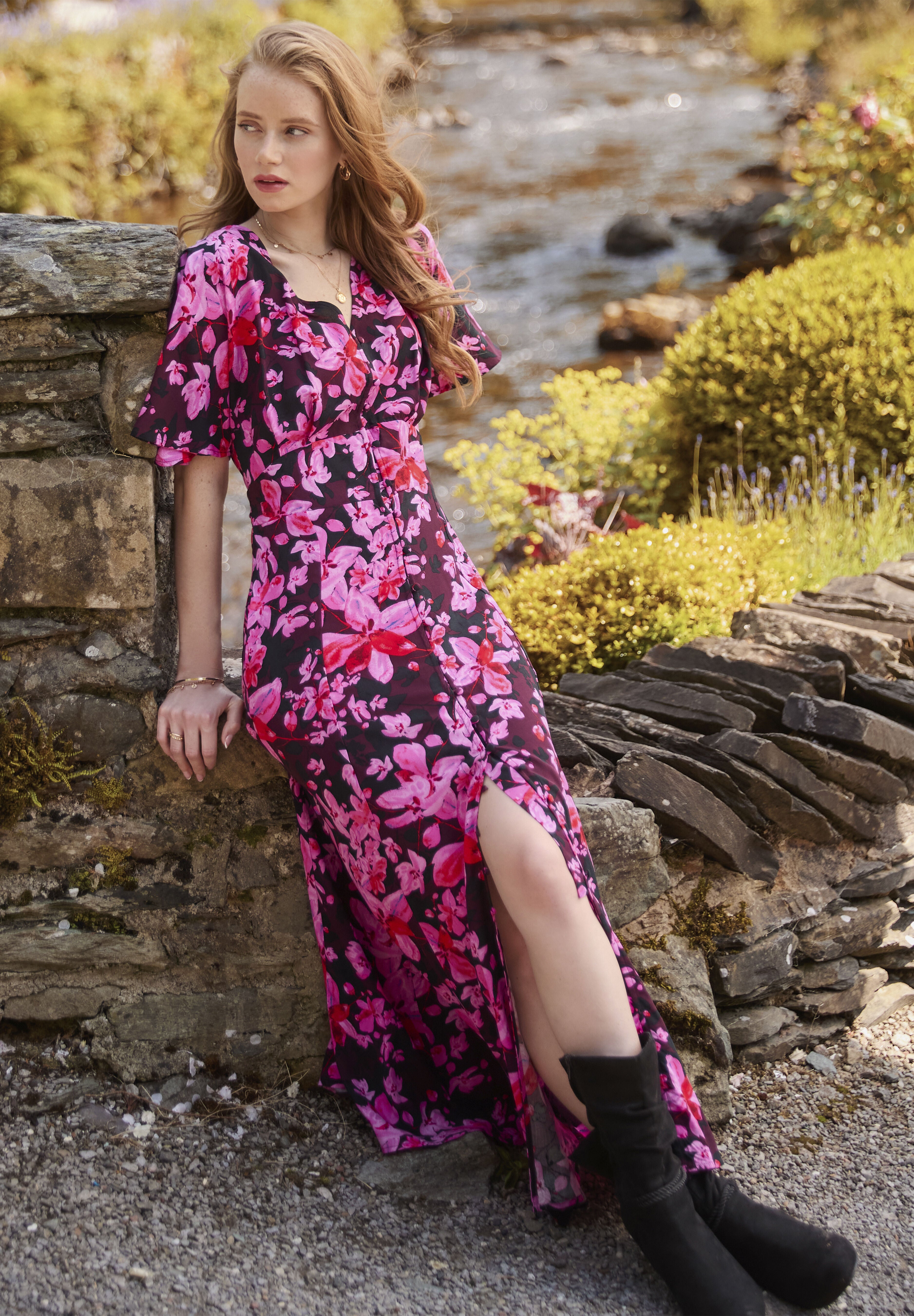 Flutter Sleeve Maxi Dress, PINK ABSTRACT FLORAL, hi-res image number 0