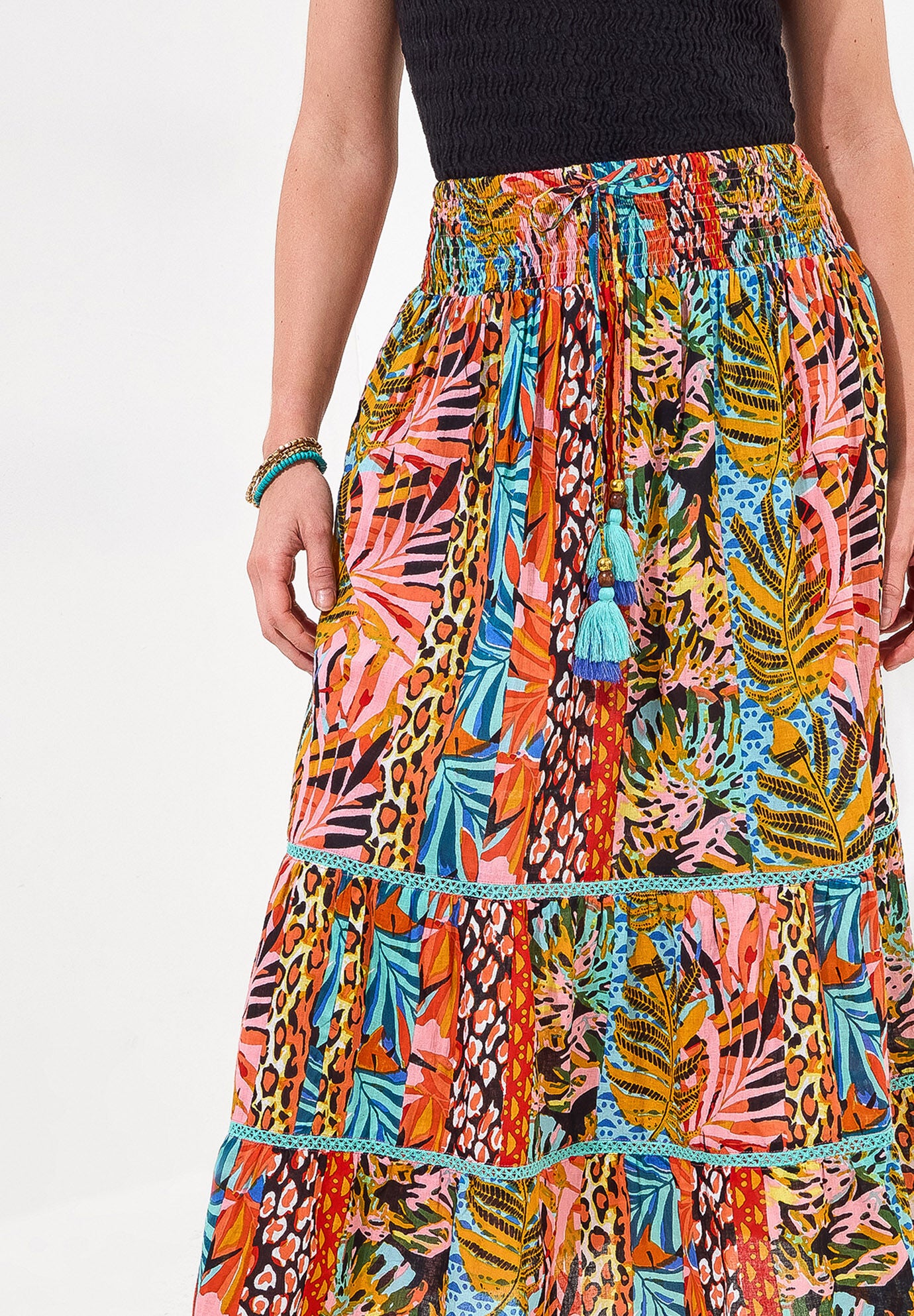 Tassel Tie Tiered Skirt, MIXED JUNGLE RAINFOREST, hi-res image number 0
