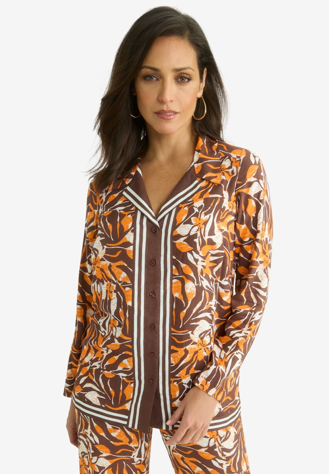 Button Front Rayon Shirt, RICH BROWN OMBRE PETAL, hi-res image number 0