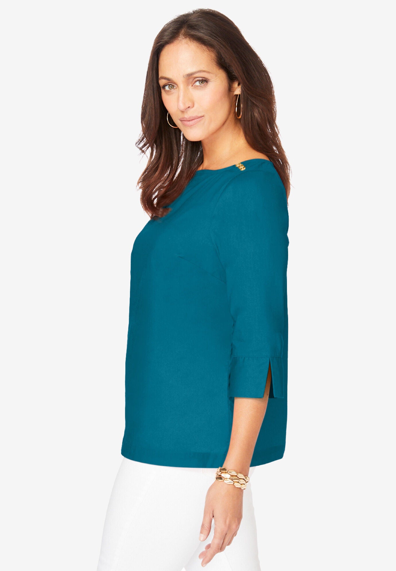 Stretch Poplin Button Boatneck Tunic, , alternate image number 2