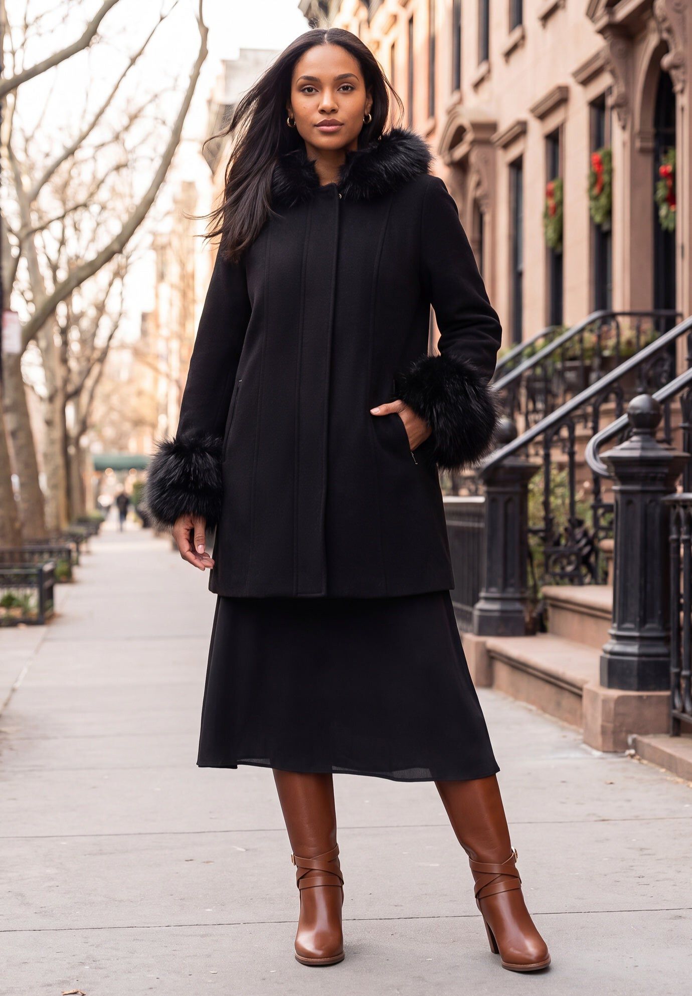 Hooded Faux Fur Trim Coat | Avenue
