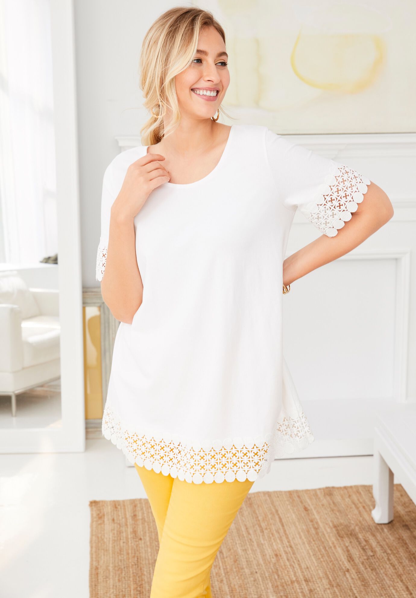 Stretch Cotton Crochet Trim Tunic, , alternate image number 2