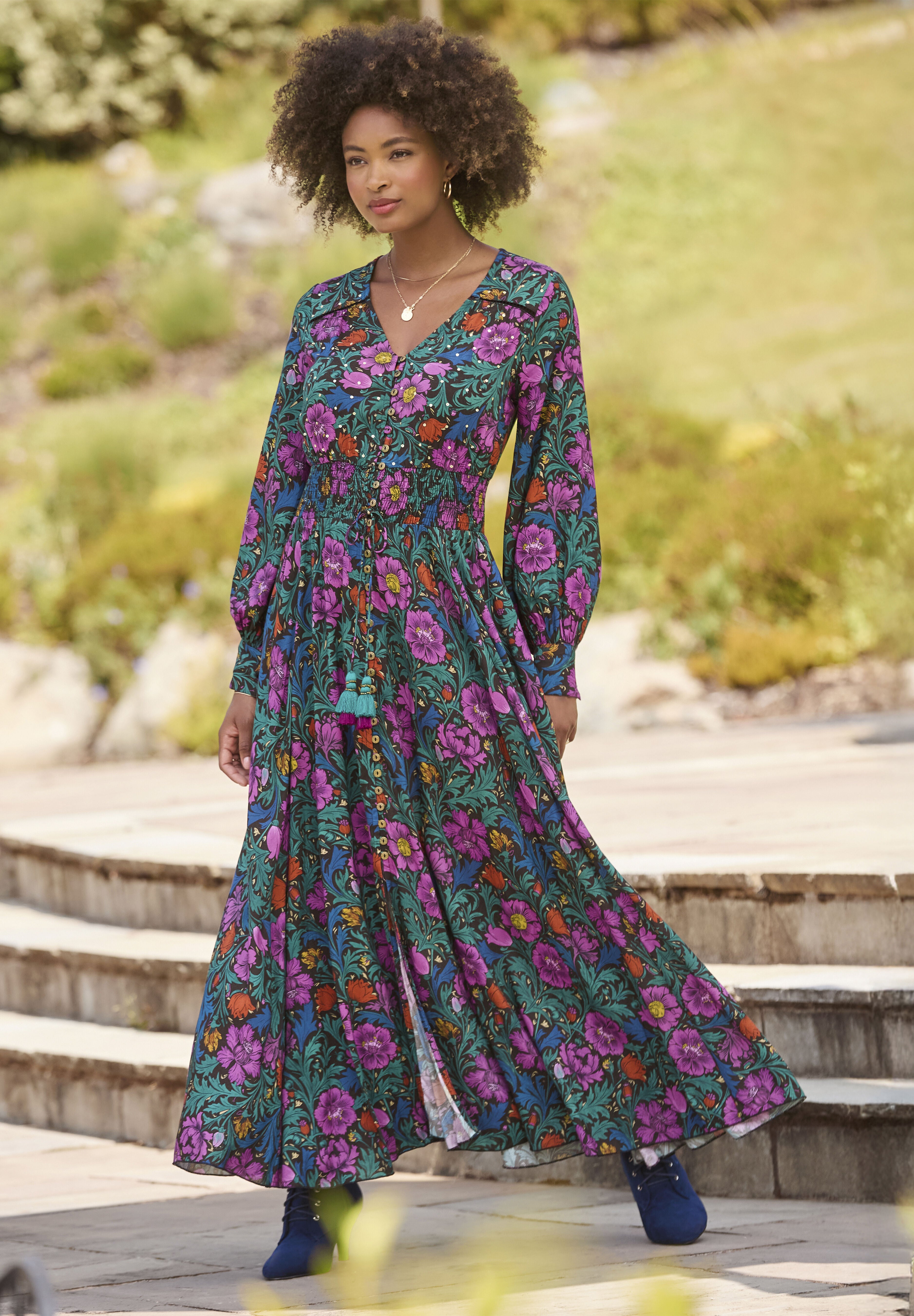 Slit Front Maxi Dress, SEQUIN BATIK GARDEN, hi-res image number 0