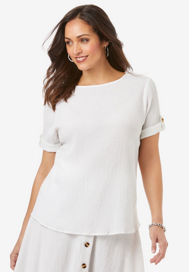 Gauze Crewneck Top, WHITE, hi-res image number 0