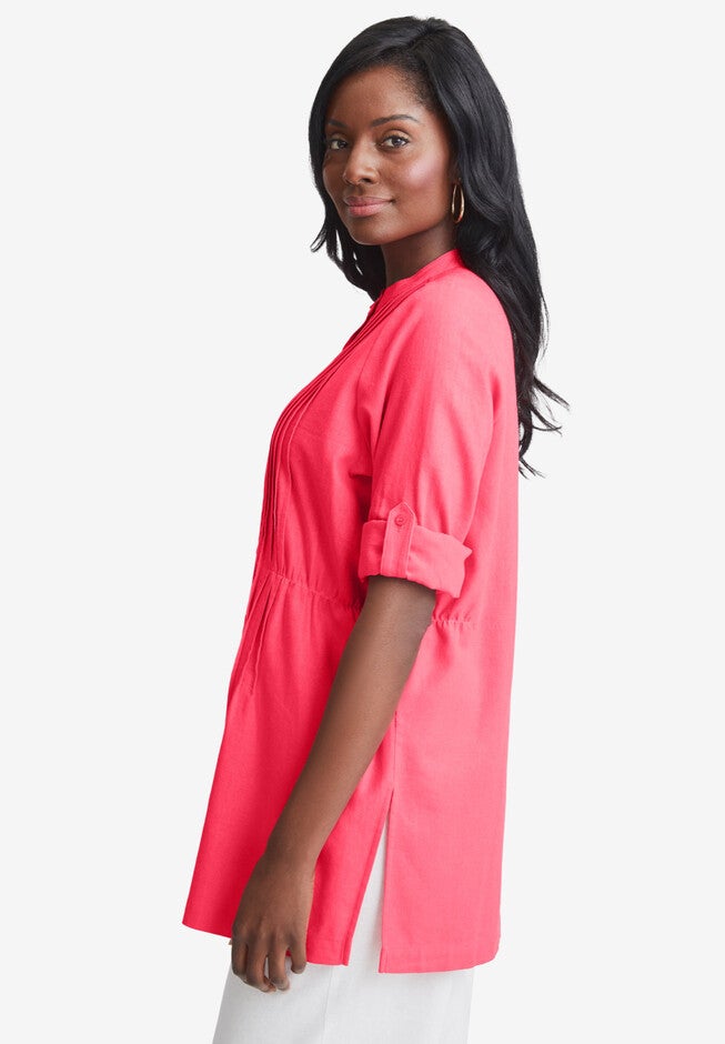 Linen Pintuck Button Front Blouse, , alternate image number null