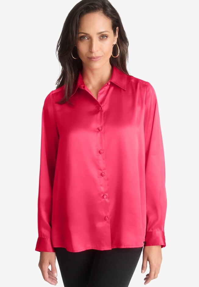 SATIN BOYFRIEND SHIRT, TULIP RED, hi-res image number null