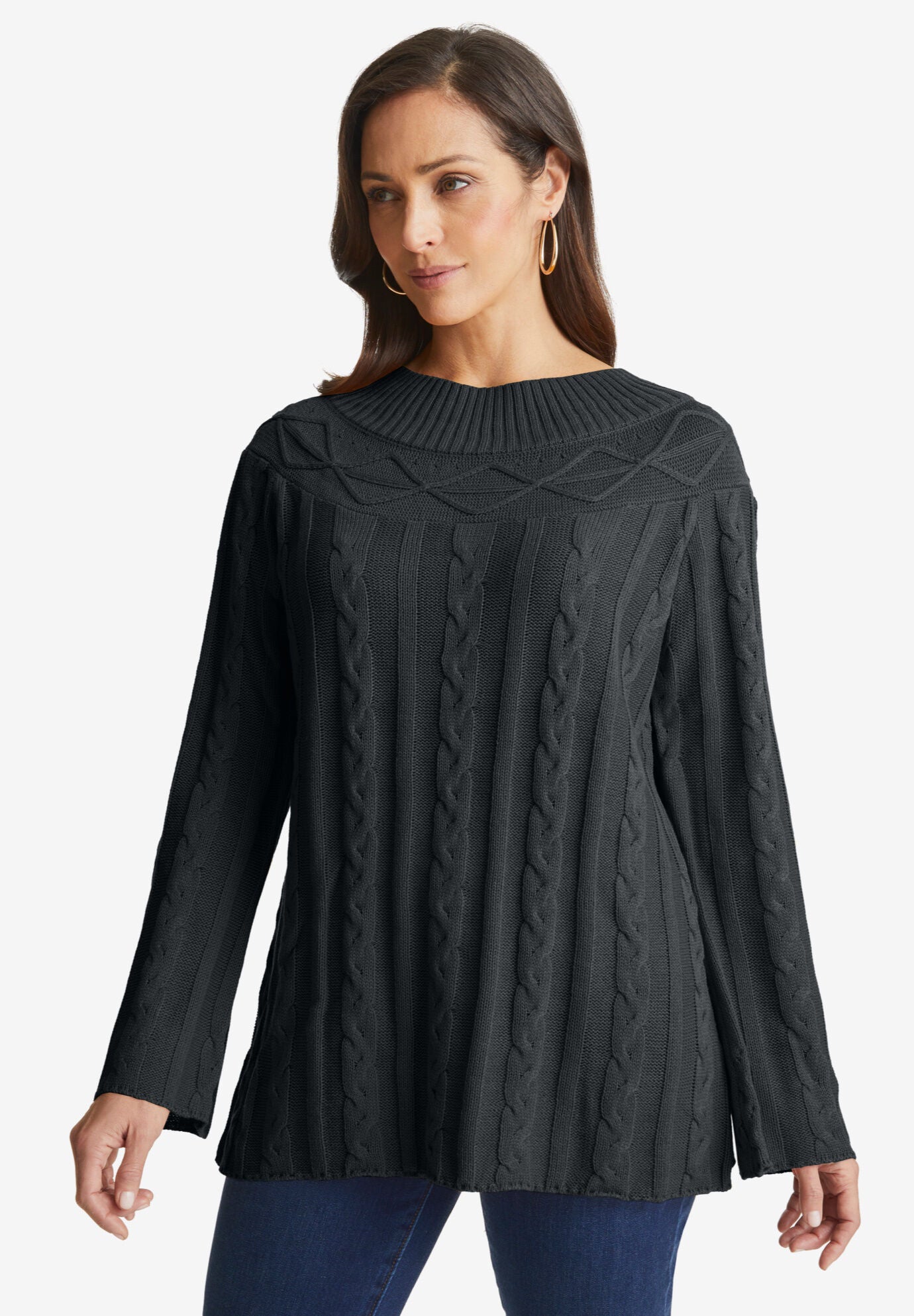 Cable-Knit Ribbed Trim Tunic Sweater
