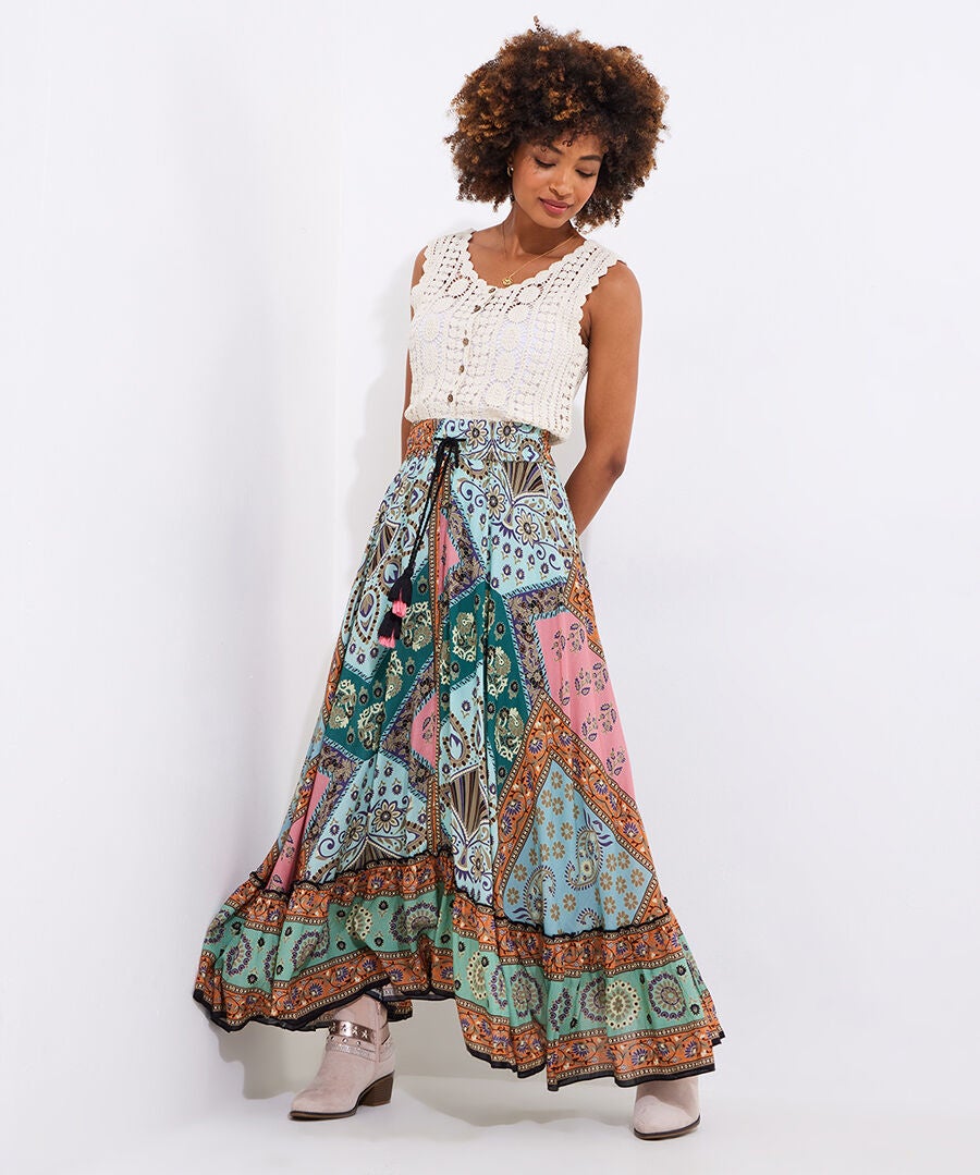 Flounce Tassel Maxi Skirt, MULTI PATCHWORK, hi-res image number 0