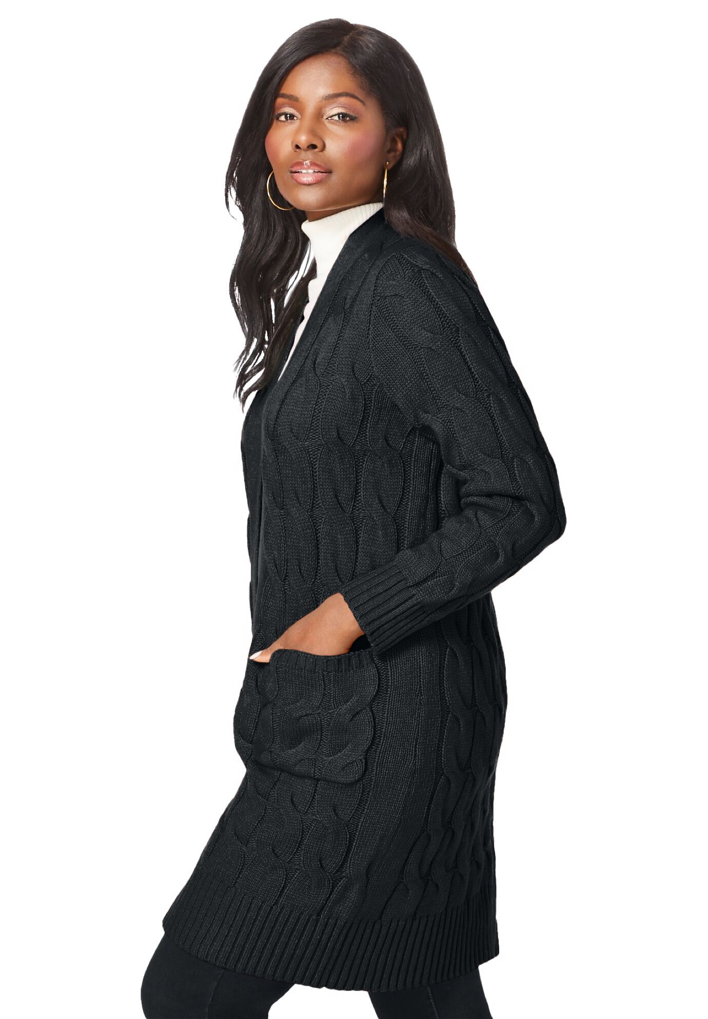 Cable Duster Sweater, BLACK, alternate image number 2