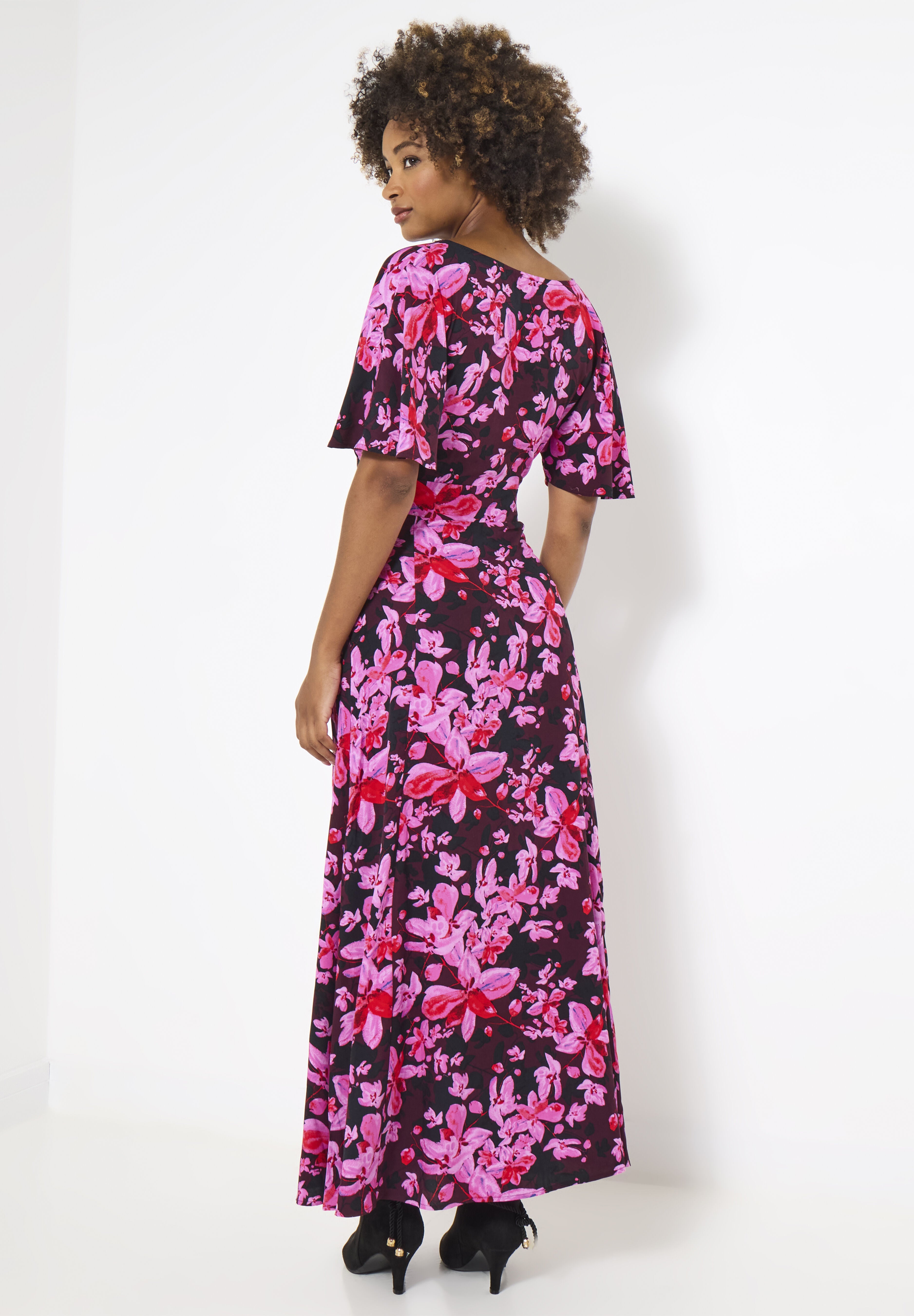 Flutter Sleeve Maxi Dress, PINK ABSTRACT FLORAL, on-hover image number 1