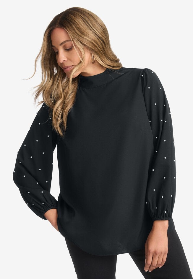 Crepe Pearl Sleeve Blouse, BLACK PEARL EMBELLISHMENT, hi-res image number null