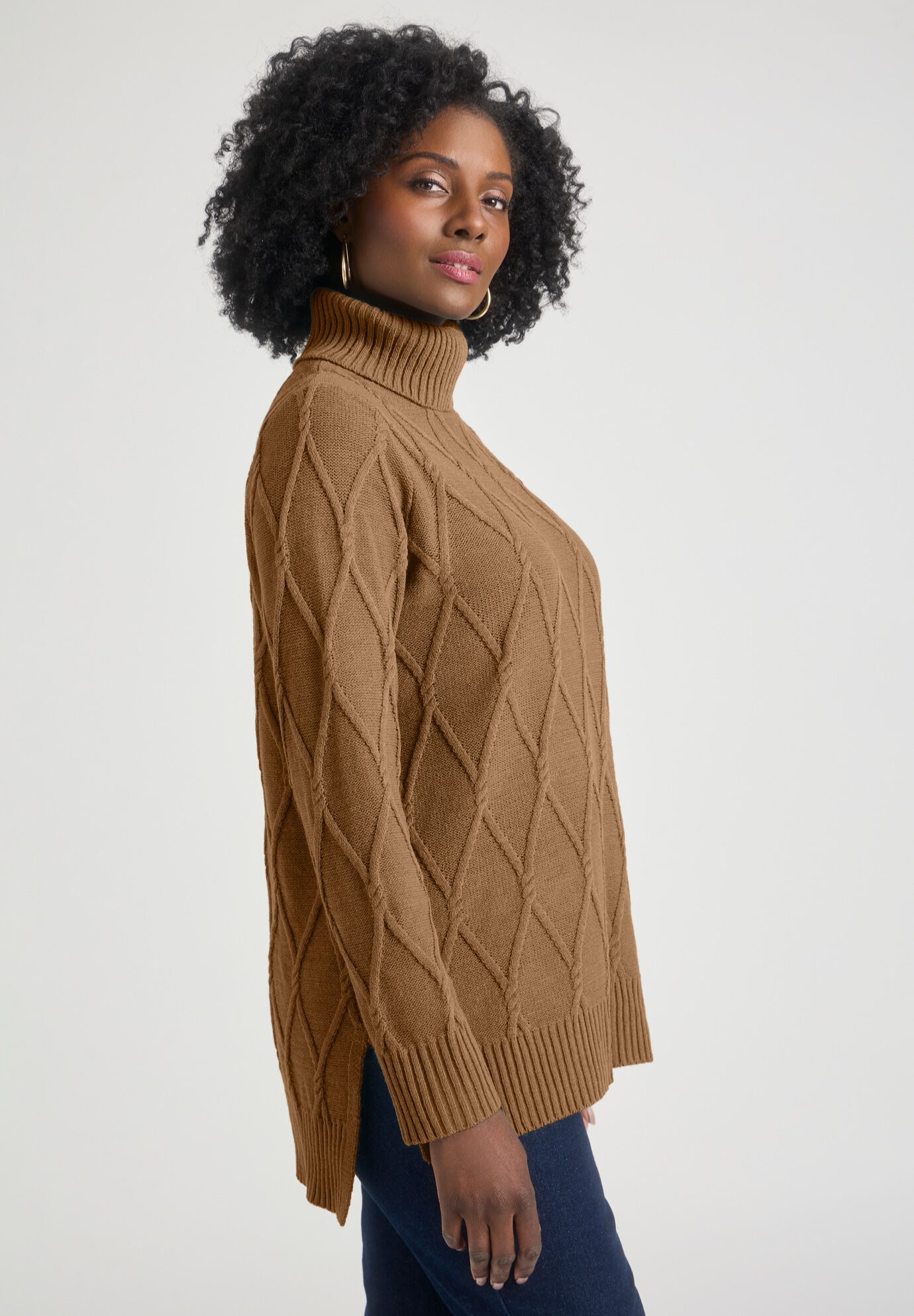 Cable Turtleneck Sweater, BROWN MAPLE, alternate image number 2