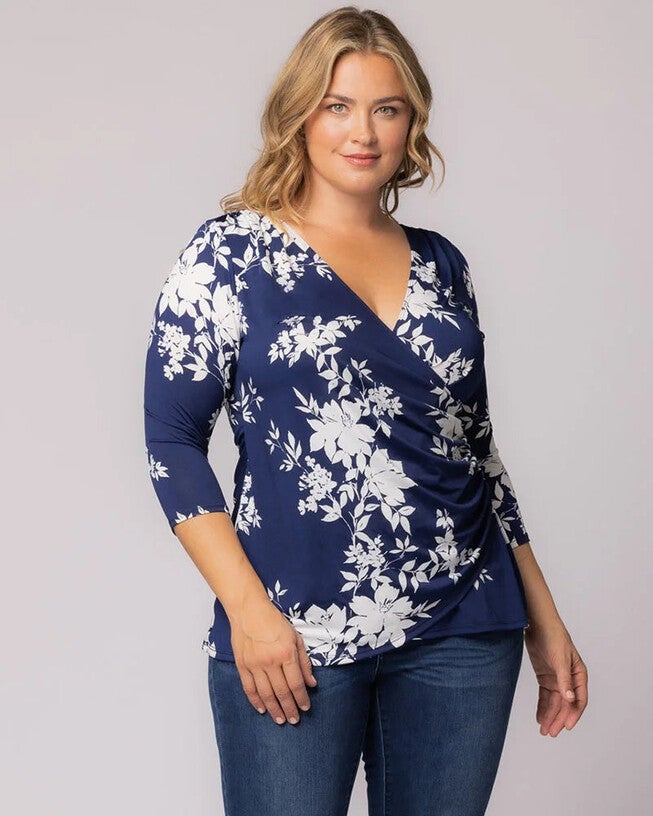 Femme Fatale Faux Wrap Top, Navy Floral Print, alternate image number null