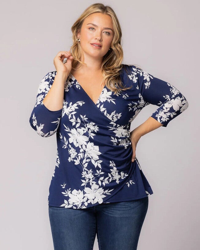 Femme Fatale Faux Wrap Top, Navy Floral Print, hi-res image number null