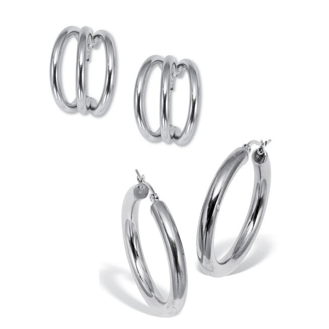 Stainless Steel Hoop Earrings, 2-Pair Set, SILVER, hi-res image number null