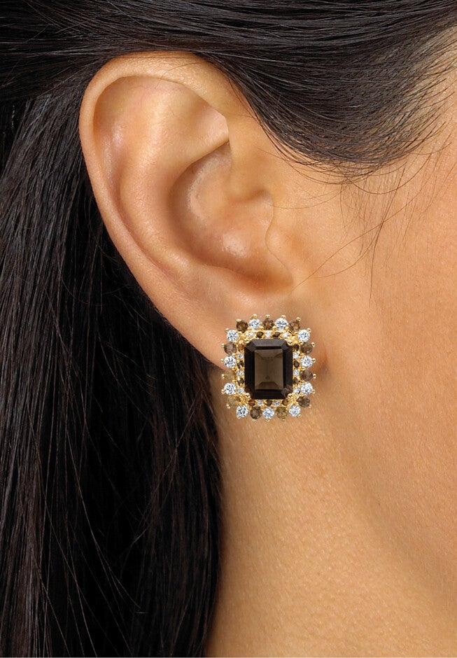 10.31 Tcw Emerald-Cut Genuine Smoky Topaz And Cz Gold-Plated Halo Earrings, , alternate image number null