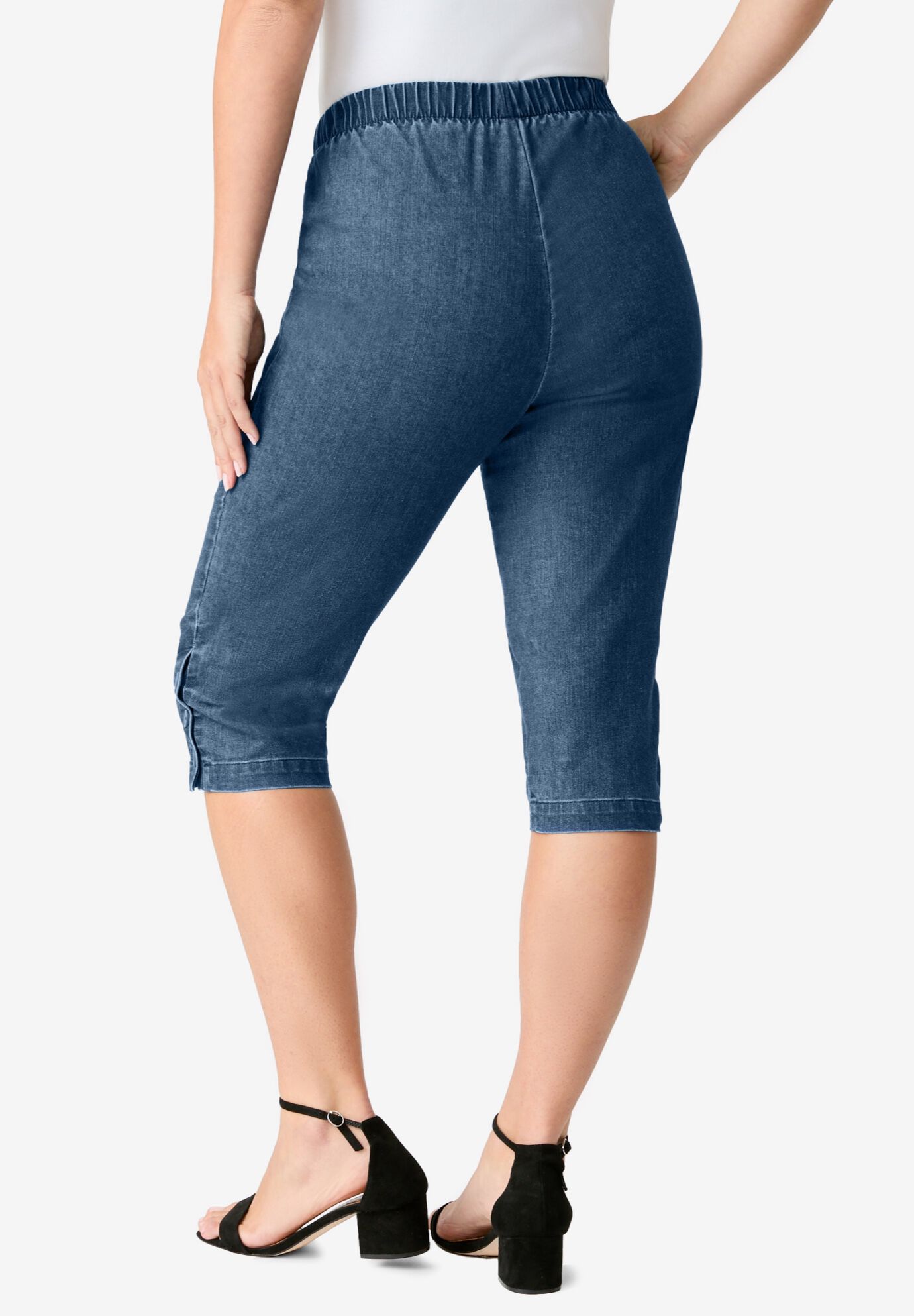Plus Size Comfort Stretch Button Detail Capri Jean, MEDIUM STONEWASH, alternate image number 2