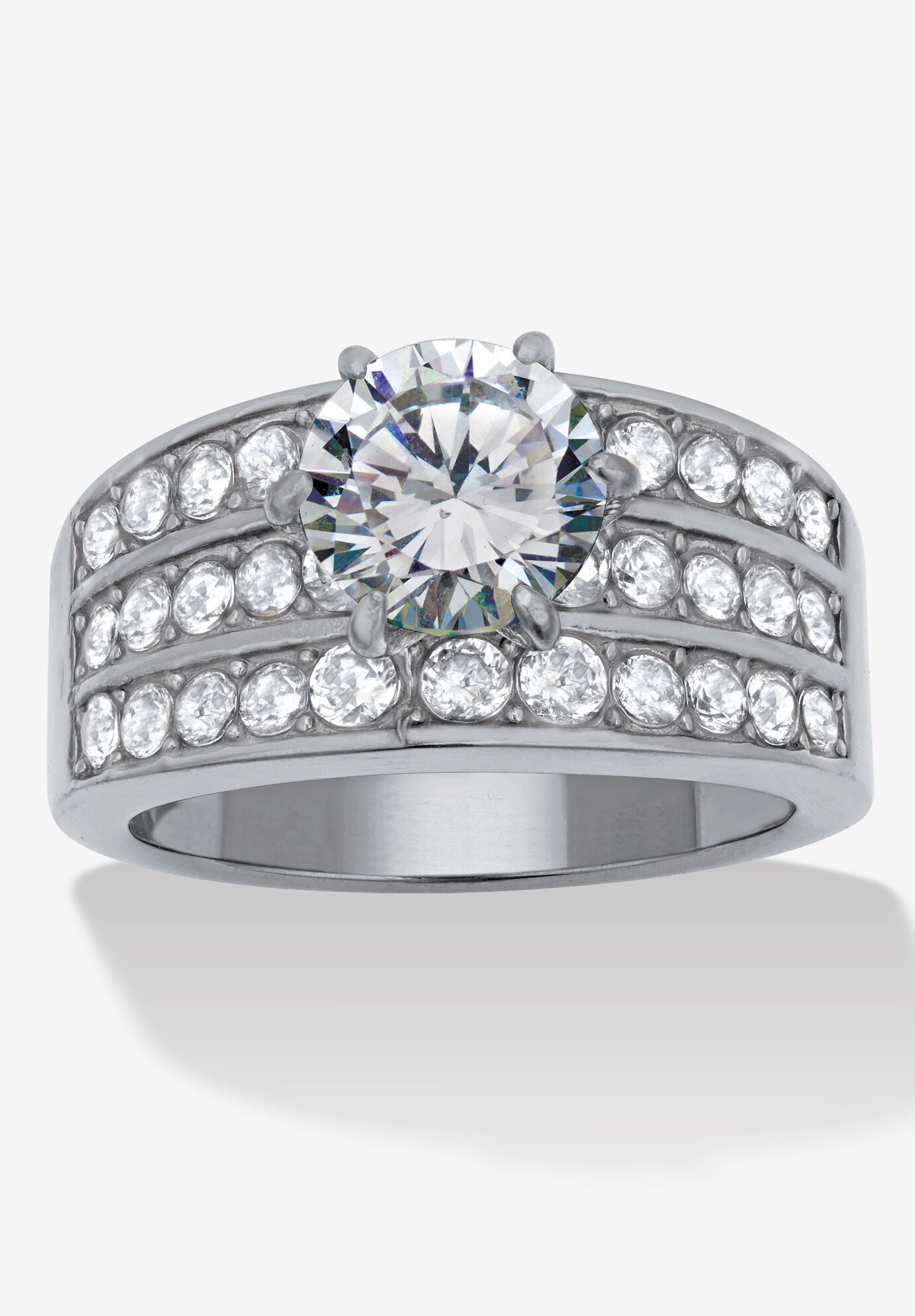 3.18 Tcw Round Cz Stainless Steel Three Row Pave Engagement Ring, SILVER, hi-res image number 0