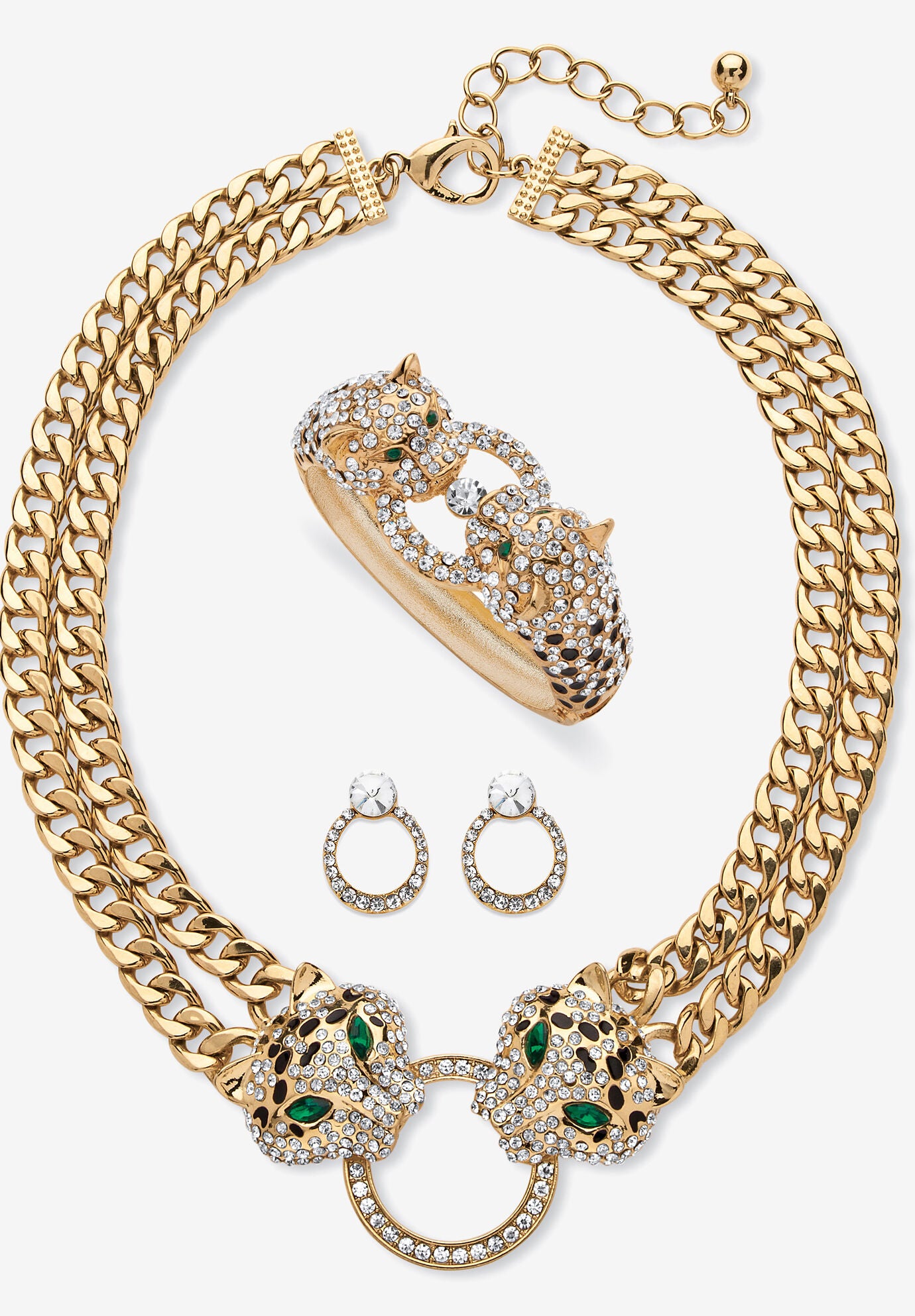 Gold Tone Leopard Collar Necklace, Earring and Bracelet Set, EMERALD, hi-res image number 0