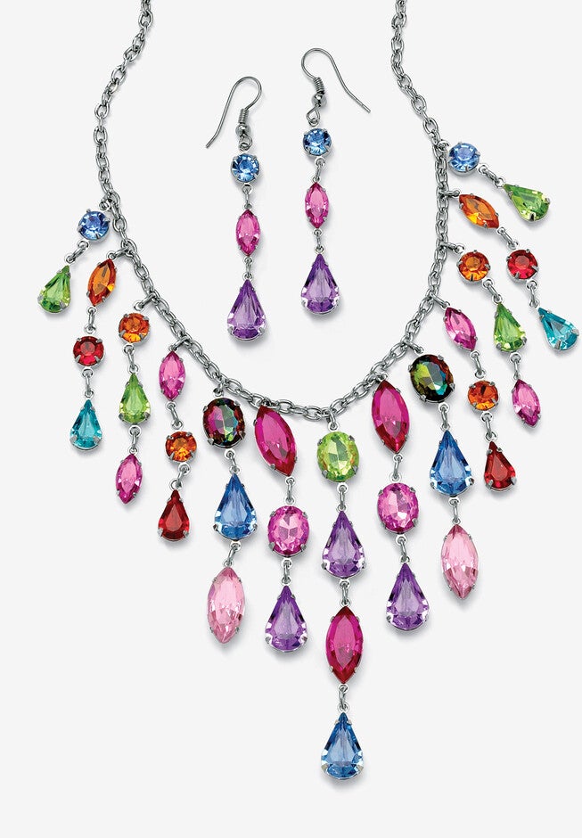 Multicolor Crystal Bib Necklace And Earrings 2-Piece Set In Antiqued Silvertone, , alternate image number null