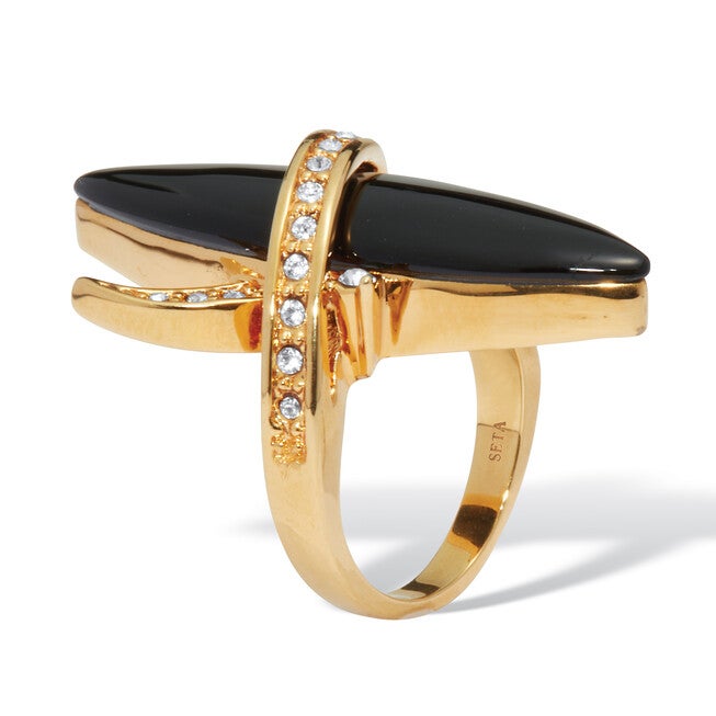 14k Gold-Plated Wrapped Marquise Onyx and Crystal Ring, BLACK, on-hover image number null