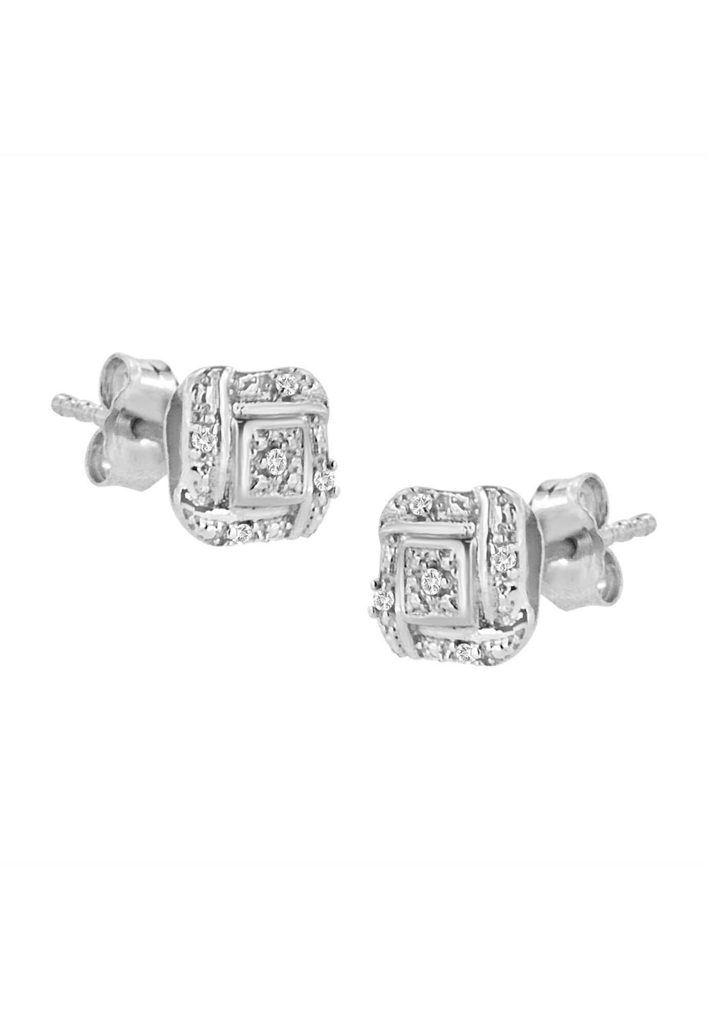 Sterling Silver Roundcut Diamond Accent Swirl Square Knot Stud Earrings, , on-hover image number 1