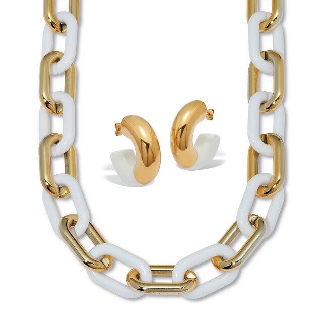 Acrylic Link Necklace and Gold Ion-Plated Stainless Steel Hoop Earrings Set, GOLD, hi-res image number null