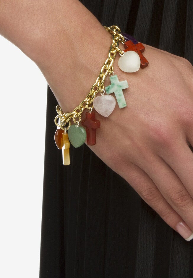 Genuine Agate Gold Tone Cross and Heart Charm Bracelet plus 1/2 inches Extender, , alternate image number null