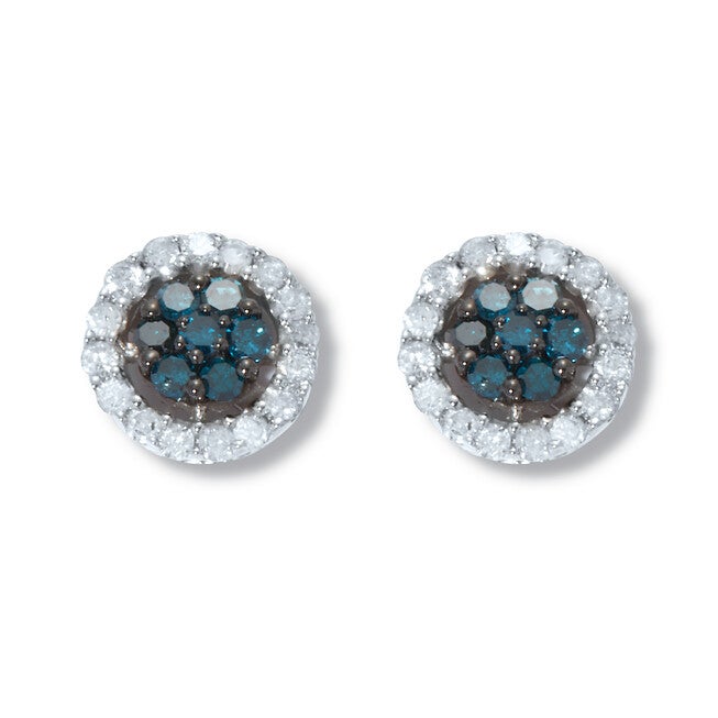 .49 TCW Blue Diamond Sterling Silver Halo Stud Earrings (3/10 inch), BLUE, hi-res image number null