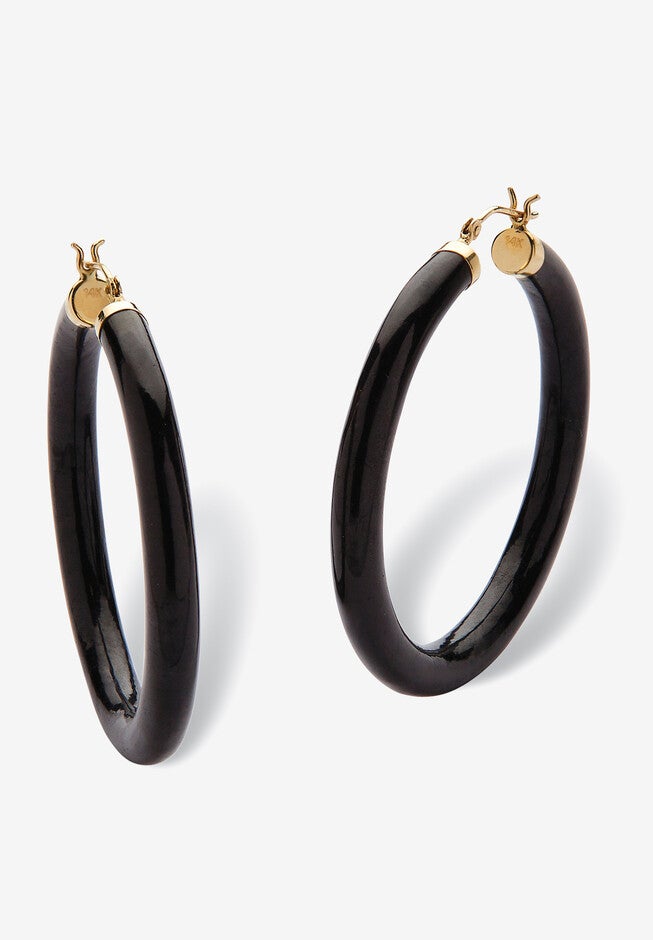 Genuine Black Jade Hoop Earrings In 14K Yellow Gold, BLACK, hi-res image number null