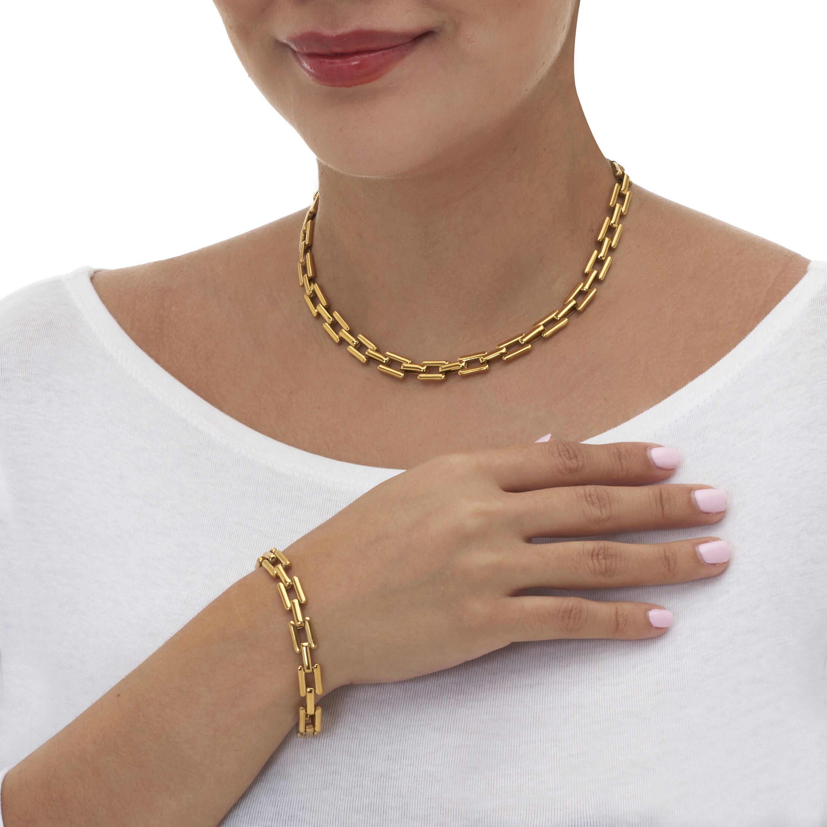 Yellow Gold Ion-Plated Stainless Steel Square Link Jewelry 3-Piece Set, GOLD, alternate image number 2