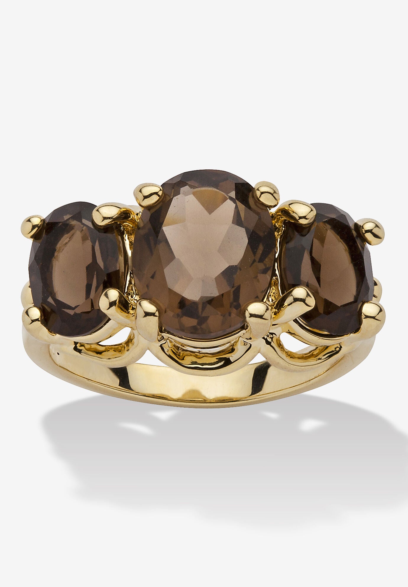 4.90 Tcw Oval-Cut Genuine Smoky Quartz Yellow Gold-Plated 3-Stone Ring, BROWN, hi-res image number 0