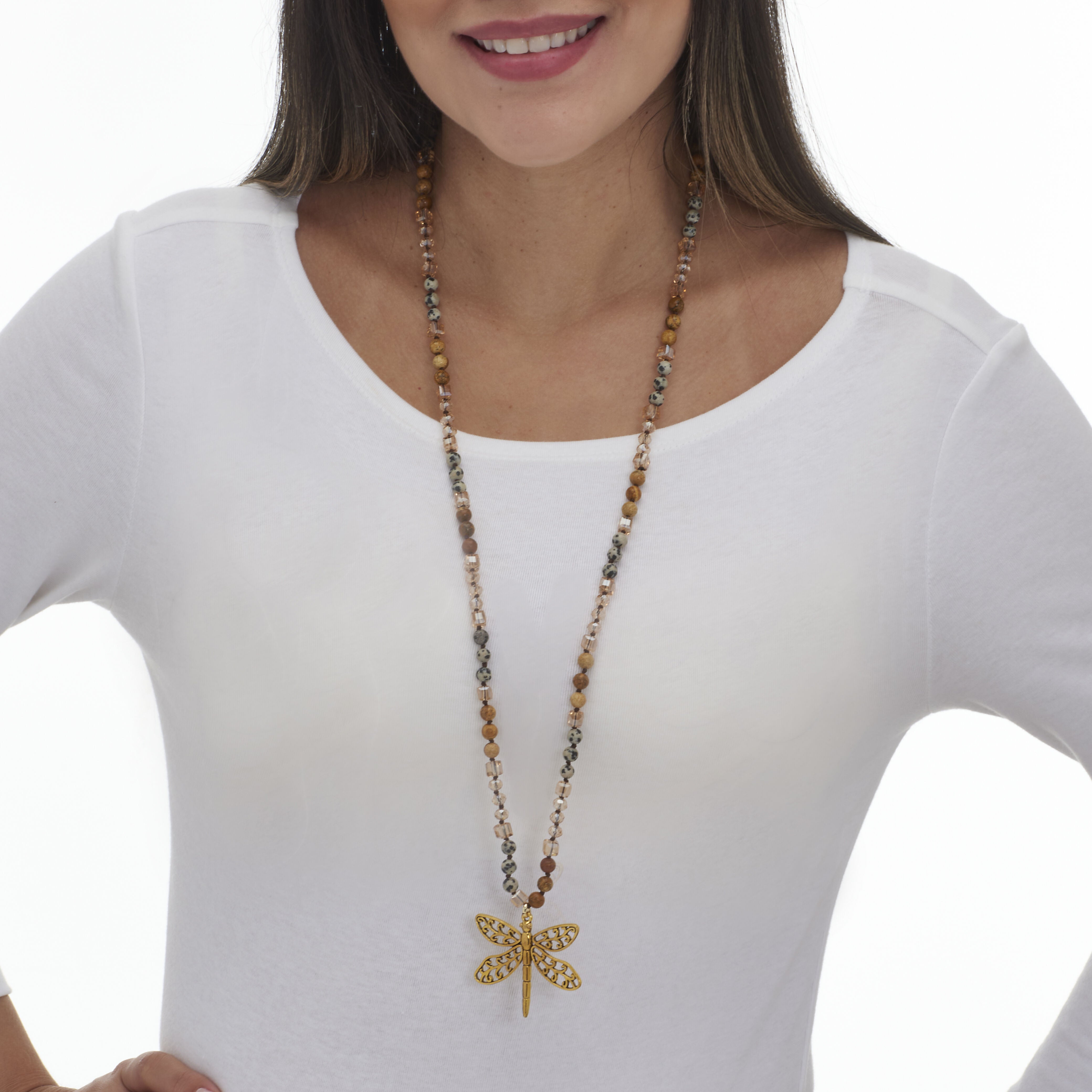 Round Genuine Jasper Goldtone Dragonfly Pendant Necklace 34-inch, DENIM, alternate image number 2