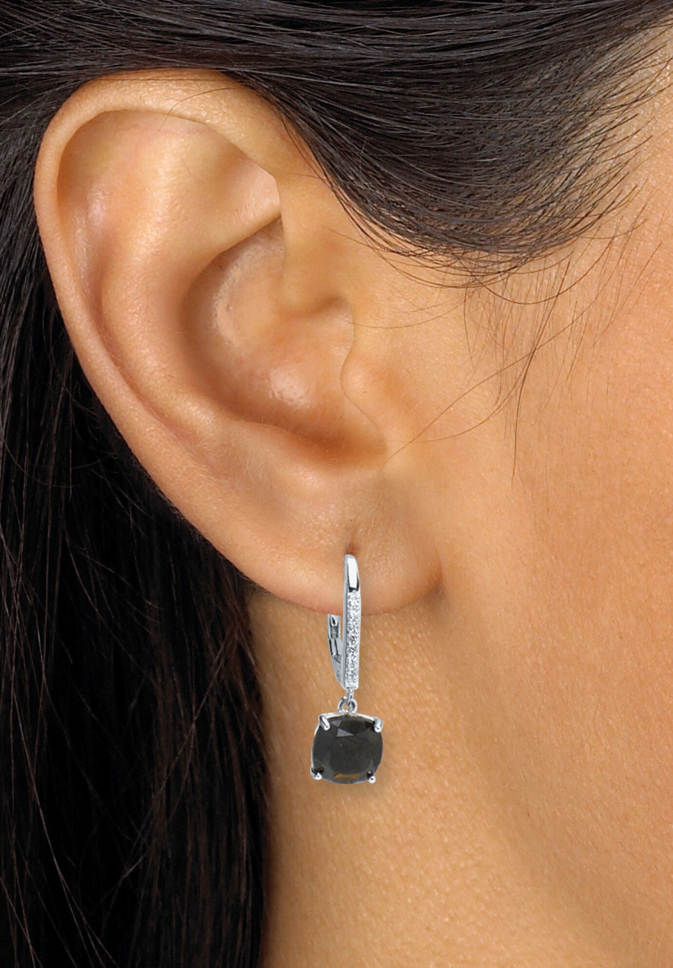 .14 Tcw Cushion Cut Genuine Black Spinel Sterling Silver Hoop Earrings, 22Mm, , alternate image number 2