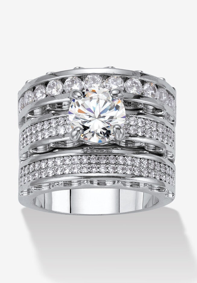 3 Piece 3.38 Tcw Round Cubic Zirconia Platinum-Plated Bridal Ring Set, WHITE, hi-res image number null