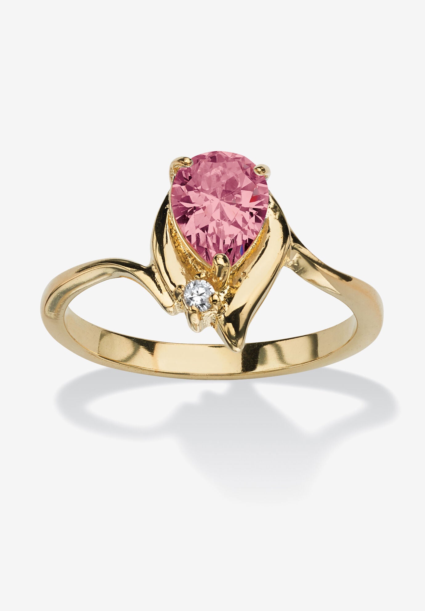 Yellow Gold Plated Simulated Birthstone And Round Crystal Ring Jewelry, PINK TOURMALINE, hi-res image number 0