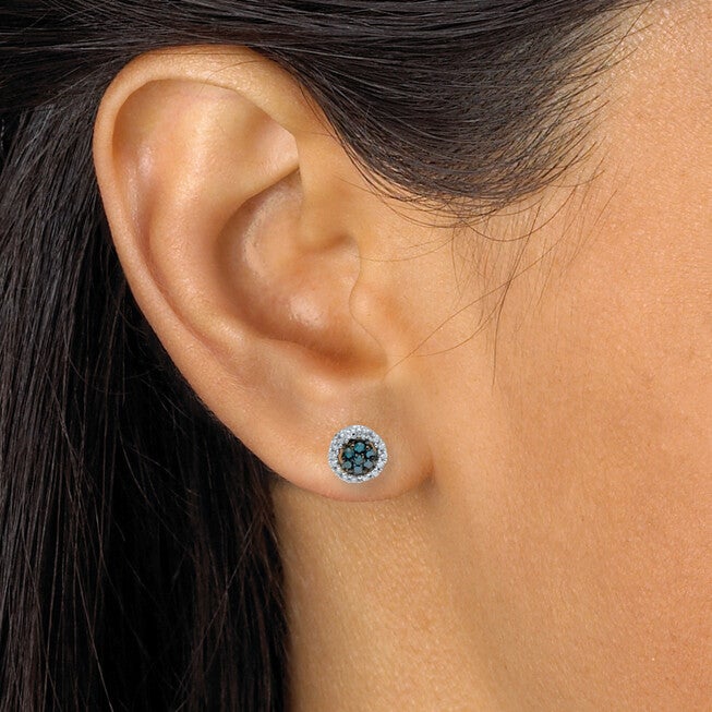 .49 TCW Blue Diamond Sterling Silver Halo Stud Earrings (3/10 inch), BLUE, alternate image number null