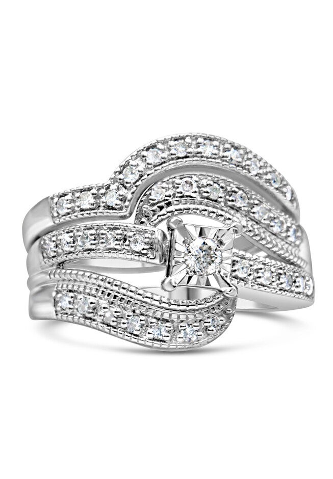 Silver 1/3 Cttw Round Diamond Crisscross Engagement Ring Bridal Set, SILVER, hi-res image number null
