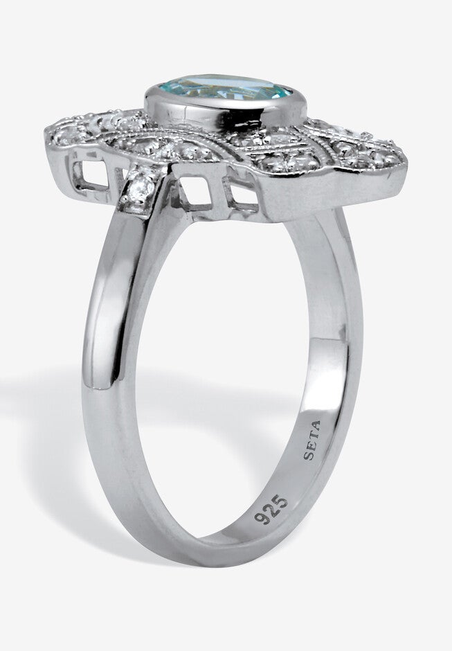 1.67 Tcw Oval Cut Genuine Aquamarine And Round Genuine White Topaz Cocktail Ring, , on-hover image number 1
