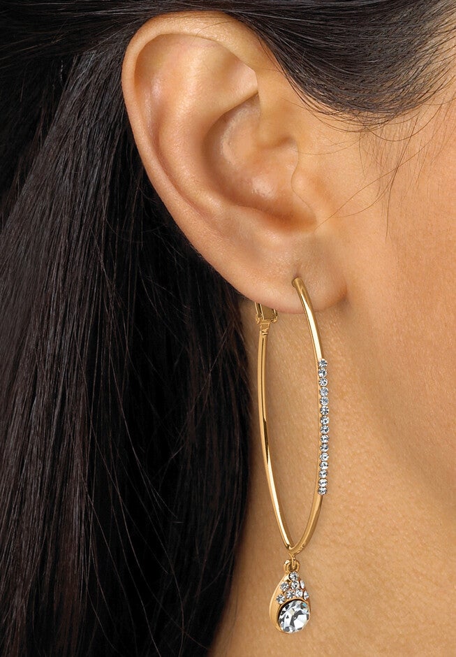 White Crystal Goldtone Hoop Teardrop Earrings (1.5 inches), , alternate image number null